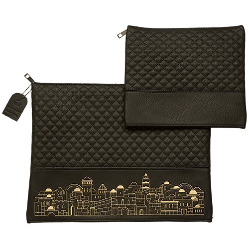 Faux Leather Tallit and Tefillin Bag Set - Black with Gold Jerusalem Images