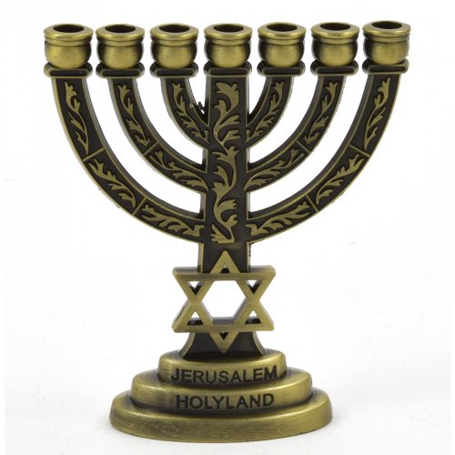 For Decoration, Miniature Seven Branch Menorah with Star of David - Bronze, 2.7 Inches