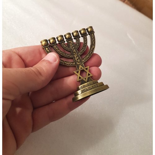 For Decoration, Miniature Seven Branch Menorah with Star of David - Bronze, 2.7 Inches