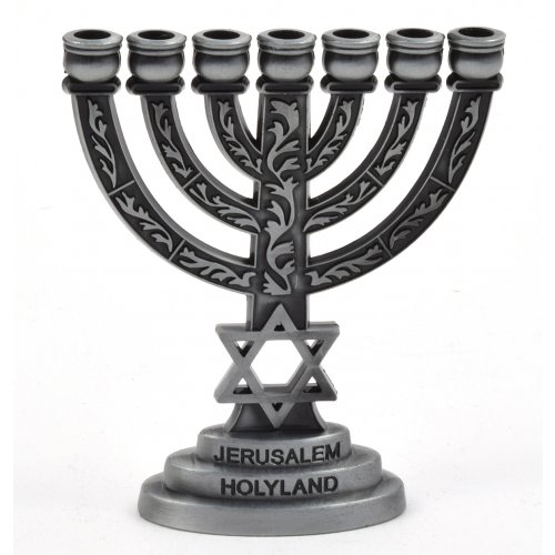 For Decoration, Miniature Seven Branch Menorah with Star of David - Pewter, 2.7 Inches