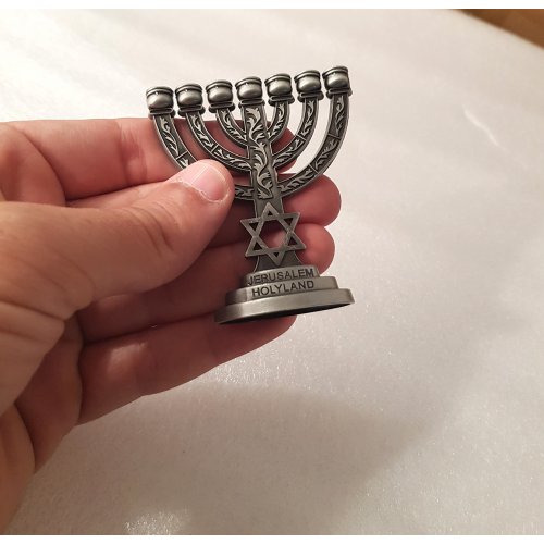 For Decoration, Miniature Seven Branch Menorah with Star of David - Pewter, 2.7 Inches