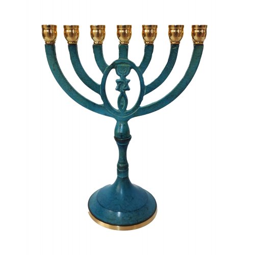 Framed Grafted In Design on Blue Patina Seven Branch Menorah - 8