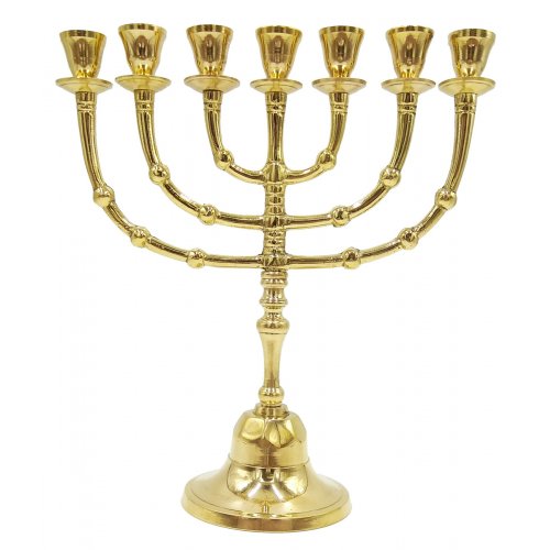 Gleaming Gold Brass Seven Branch Menorah, Small Size - 10