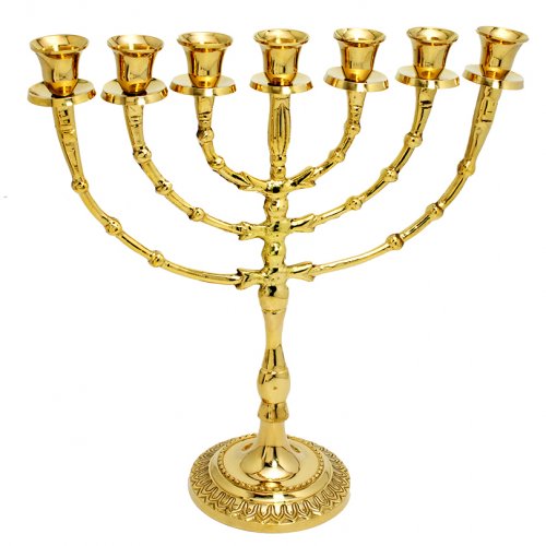 Gleaming Gold Brass Seven Branch Menorah with Bead Design - 12