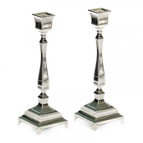 Gleaming Silver Plated Small Shabbat Candlesticks - Square Classic Design