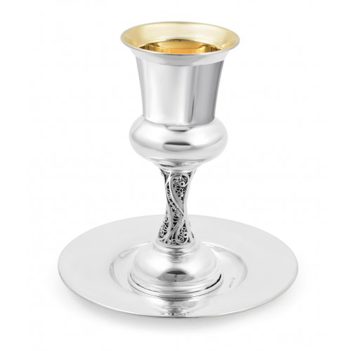 Goblet Sterling Silver Filigree Decorated Shabbat Kiddush Cup with Coaster