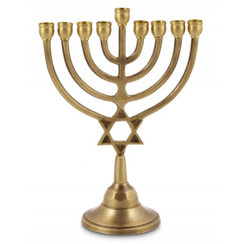 Gold Antique Hanukkah Menorah with Star of David, for Candles - 9 Inches