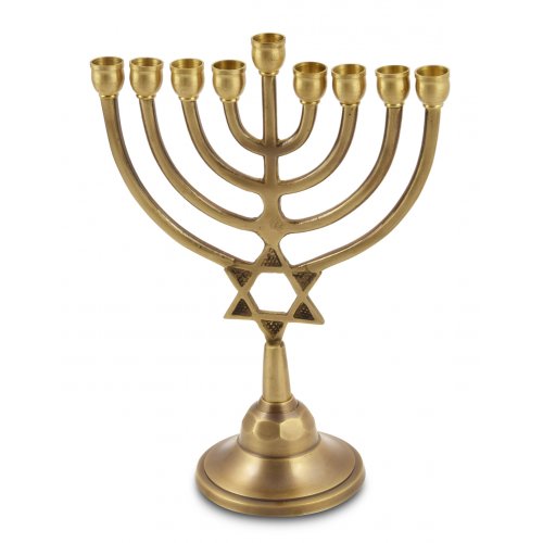 Gold Antique Hanukkah Menorah with Star of David, for Candles - 9 Inches