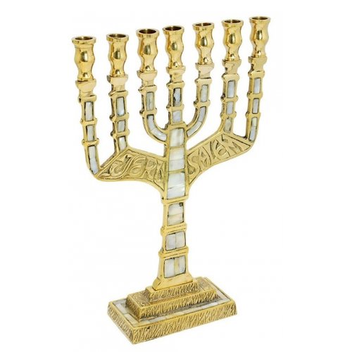 Gold Brass & Mother of Pearl Seven Branch Menorah with Embossed Jerusalem  11