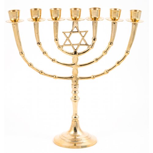 Gold Colored Brass Seven Branch Menorah on Stem, Star of David - 11