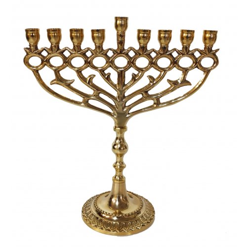 Gold Copper Chanukah Menorah with Pomegranate Images, 12 Inches - For Candles