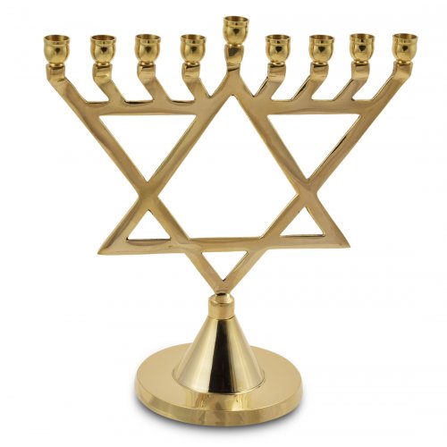 Gold Metal Chanukah Menorah with Large Star of David, for Candles - 10 Inches