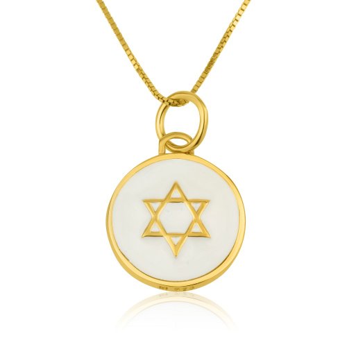 Gold Plated Sterling Silver Pendant Necklace  Star of David on White Enamel Pendant