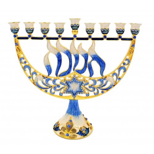 Gold and Dark Blue Enamel Menorah with Star of David and Chanukah - For Decoration