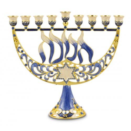 Gold and Dark Blue Enamel Menorah with Star of David and Chanukah - For Decoration