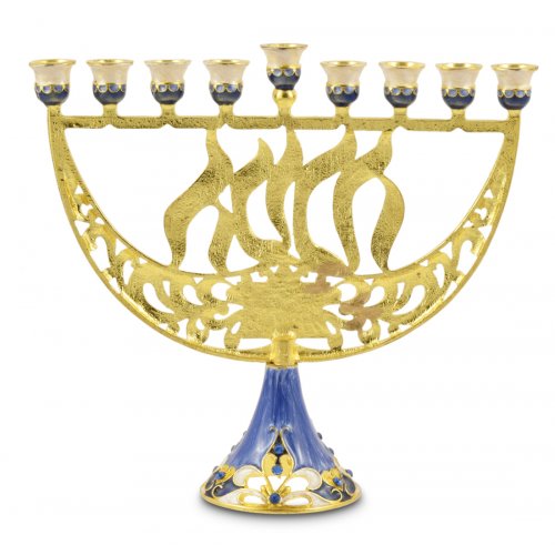 Gold and Dark Blue Enamel Menorah with Star of David and Chanukah - For Decoration