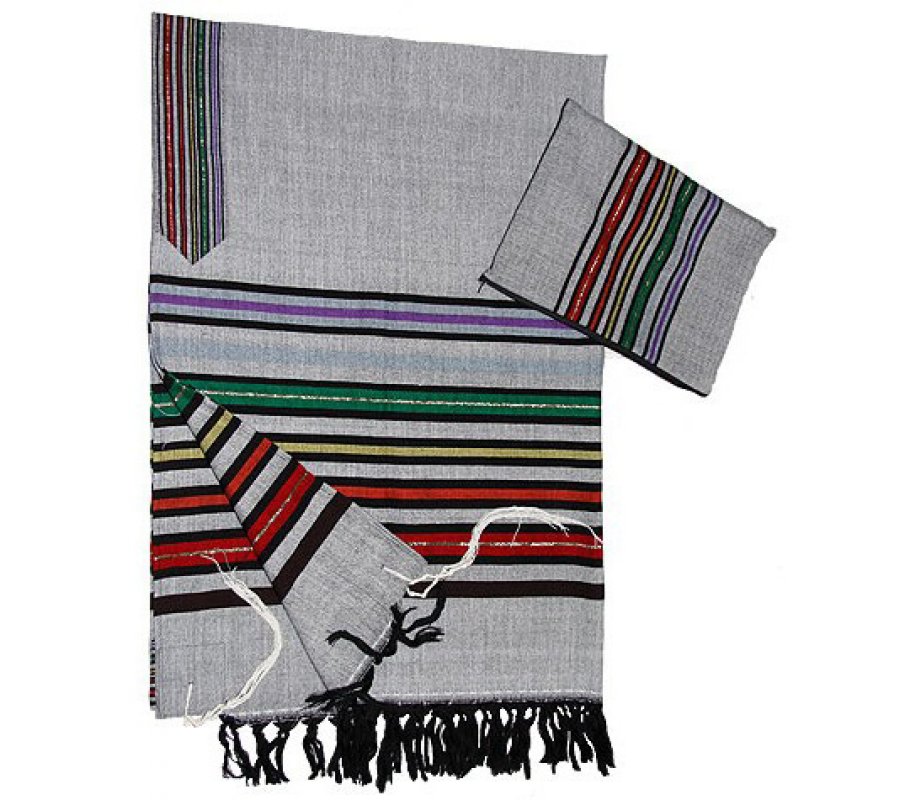 Gray Handwoven Silk Tallit Prayer Shawl Set Josephs Multicolor Design - Gabrieli