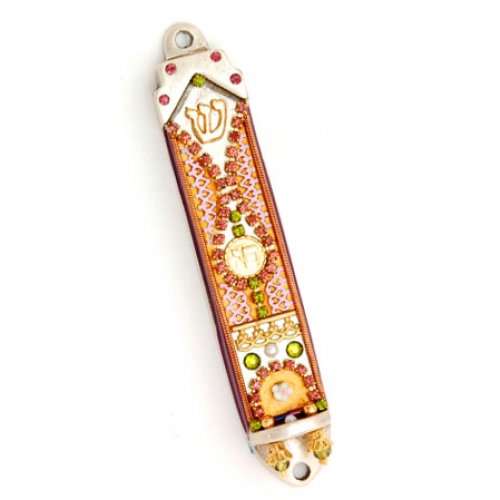 Green and Orange Crystal Mezuzah Case - Ester Shahaf