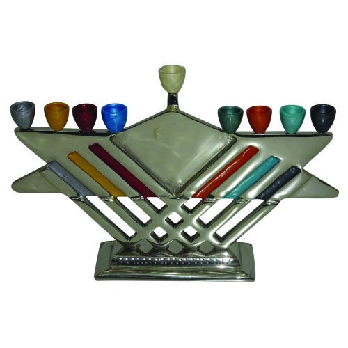 Hammered Aluminum Chanukah Menorah with Colorful Star of David