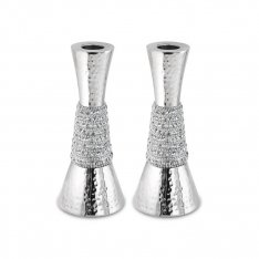 Hammered Aluminum Cone Shaped Shabbat Candlesticks  Silver Crystals Decorative Band