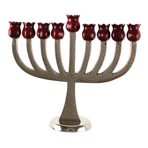 Hammered Aluminum Menorah With Burgundy And Silver Colored Pomegranates