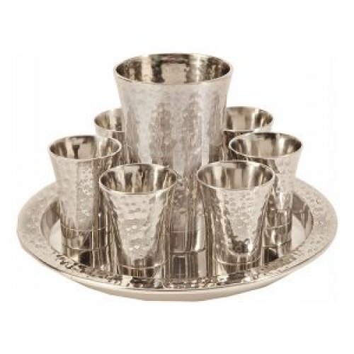 Hammered Nickel Kiddush Goblet awith Six Cups and Round Tray - Yair Emanuel