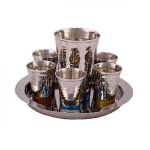 Hammered Nickel Kiddush Goblet with Six Cups and Tray, Multicolor Bands - Yair Emanuel