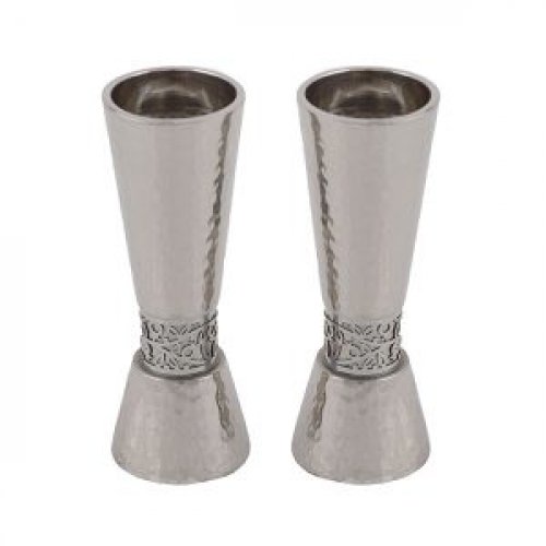 Hammered Silver Cone Candlesticks with Silver Pomegranates Band - Yair Emanuel