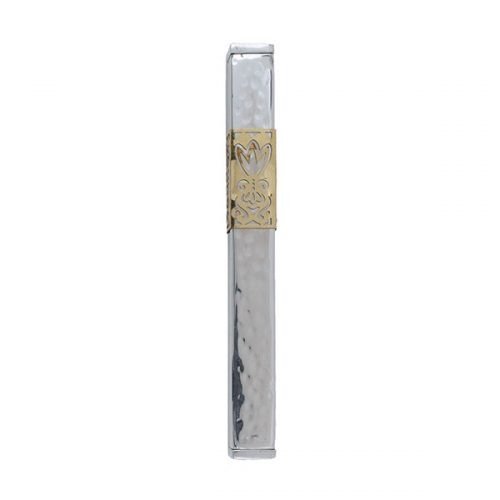 Hammered Silver Metal Mezuzah Case, Gold Cutout Flower - Yair Emanuel