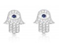 Hamsa Stud Earrings of Sterling Silver, White Zircons and Blue Center - Option Gold