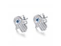 Hamsa Stud Earrings of Sterling Silver, White Zircons and Blue Center - Option Gold