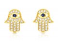 Hamsa Stud Earrings of Sterling Silver, White Zircons and Blue Center - Option Gold