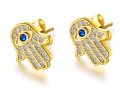 Hamsa Stud Earrings of Sterling Silver, White Zircons and Blue Center - Option Gold