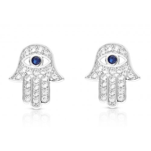 Hamsa Stud Earrings of Sterling Silver, White Zircons and Blue Center - Option Gold