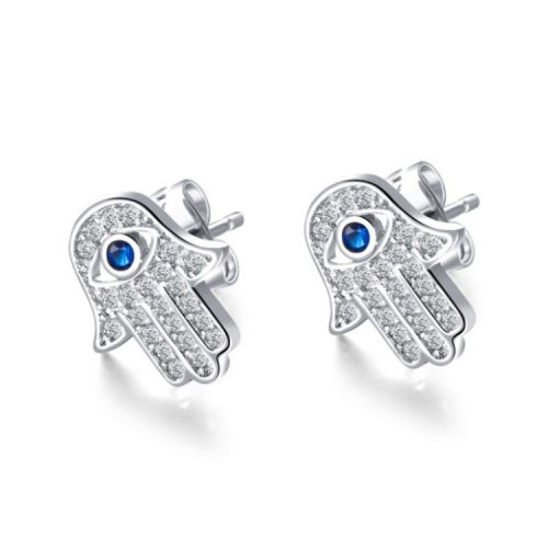 Hamsa Stud Earrings of Sterling Silver, White Zircons and Blue Center - Option Gold