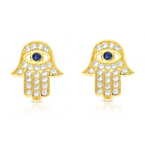 Hamsa Stud Earrings of Sterling Silver, White Zircons and Blue Center - Option Gold