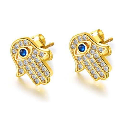 Hamsa Stud Earrings of Sterling Silver, White Zircons and Blue Center - Option Gold