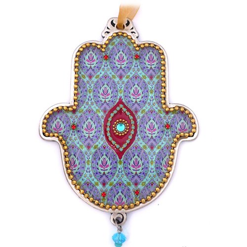 Hamsa Wall Plaque, Beaded Floral Theme on Violet with Protective Eye - Iris Design