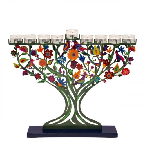 Hand Painted Laser Cut Chanukah Menorah, Pastoral Trees and Birds - Yair Emanuel