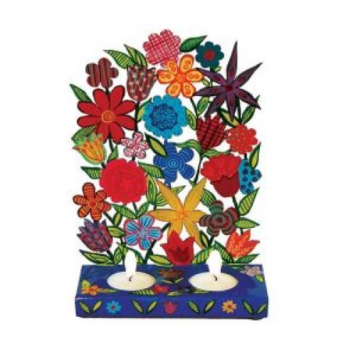 Hand Painted Laser Cut Shabbat Candlesticks, Colorful Flowers - Yair Emanuel