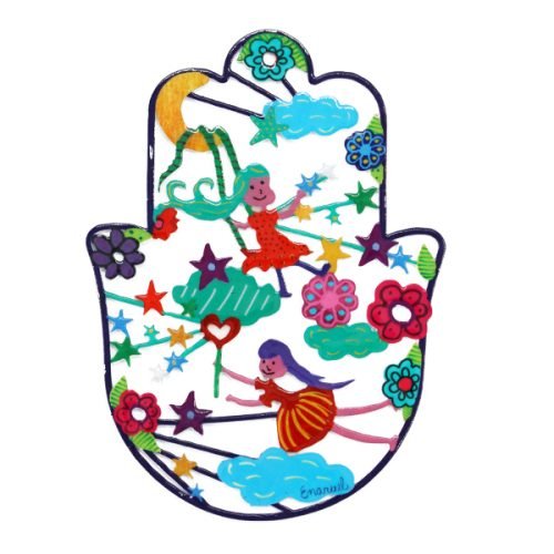 Hand Painted Medium Wall Hamsa Enamel Finish, Colorful Fairies - Yair Emanuel