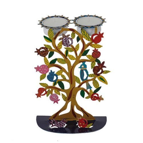 Hand Painted Metal Sabbath Candlesticks, Pomegranates - Yair Emanuel