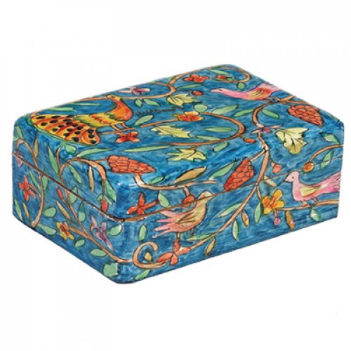 Hand Painted Wood Jewelry Box, Oriental Forest Scene on Blue - Yair Emanuel