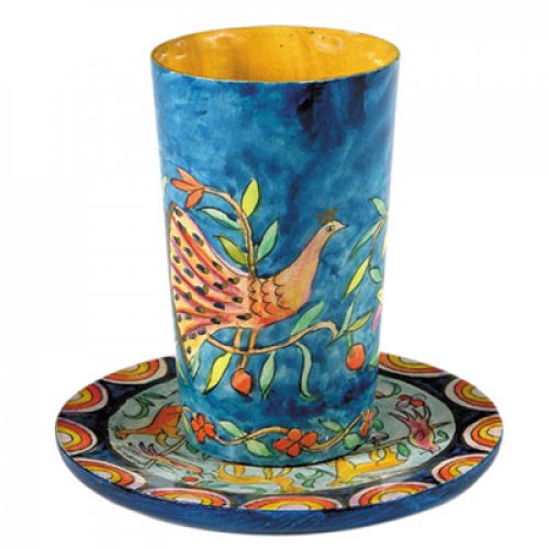 Hand Painted Wood Kiddush Cup Set, Colorful Peacock, Vines and More - Yair Emanuel