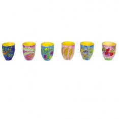 Hand Painted Wood Small Kiddush Cups Set, 6 Cups - 7 Species, Yair Emanuel