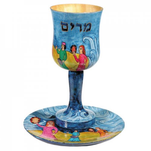 Hand Painted Wood Stem Cup Set, Prophetess Miriam at Red Sea, Colorful - Yair Emanuel