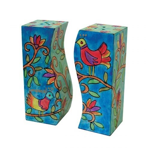 Hand-Painted Bird Design Wood Fitted Salt & Pepper Shaker - Yair Emanuel