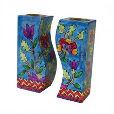 Hand-Painted Fitted Wood Candlesticks, Flowers on Blue - Yair Emanuel