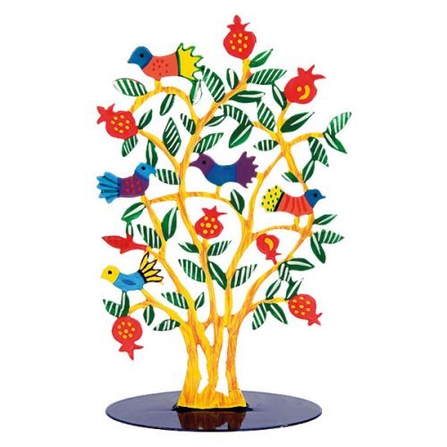 Hand-Painted Standing Sculpture of Gold Tree, Pomegranates and Birds - Yair Emanuel