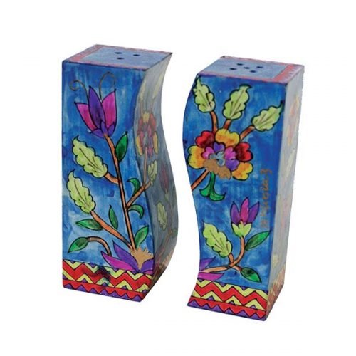 Hand-Painted Vibrant Flower Wood Fitted Salt & Pepper Shaker - Yair Emanuel